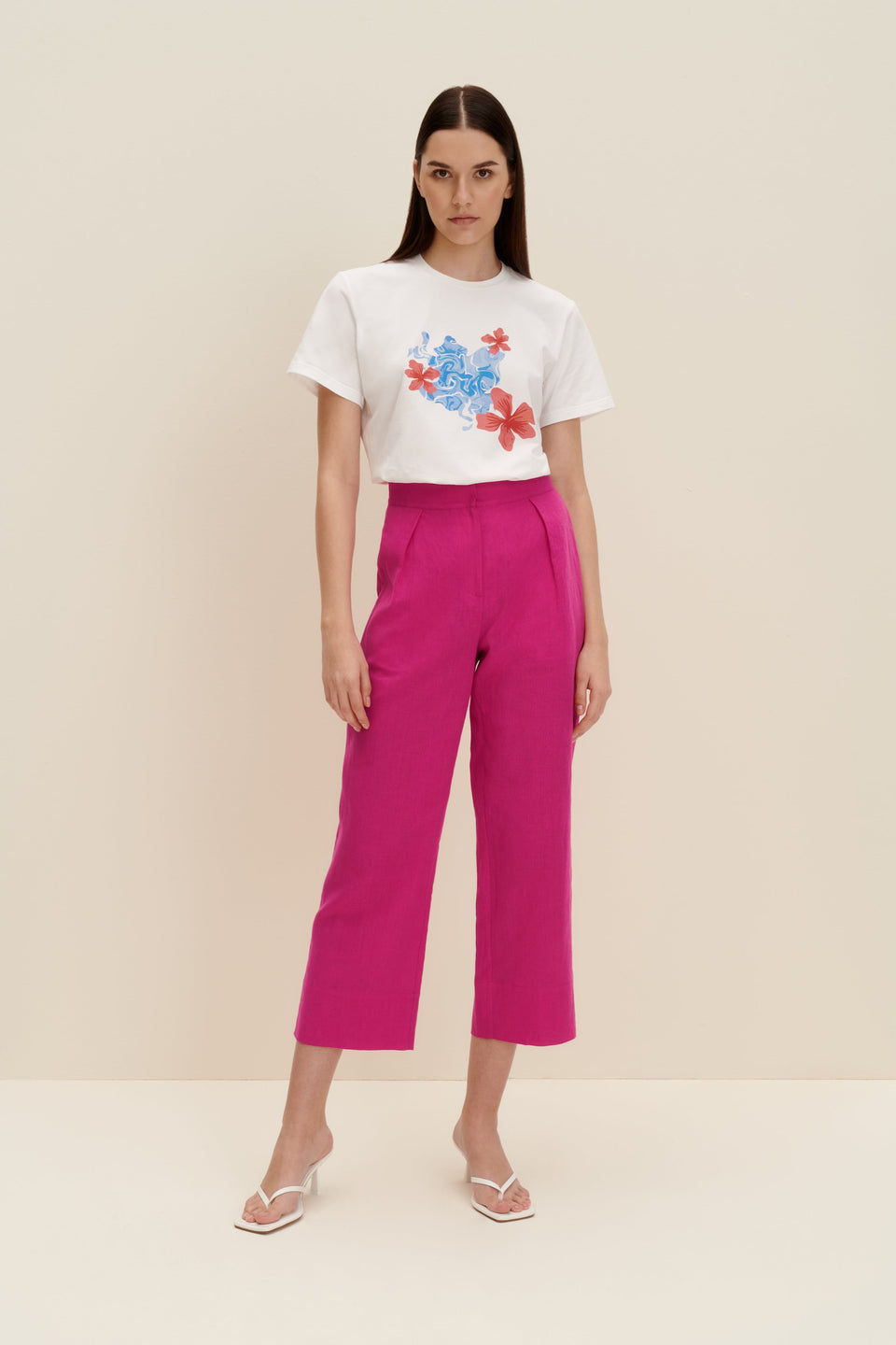 Linen-blend cropped pants in Hot Pink