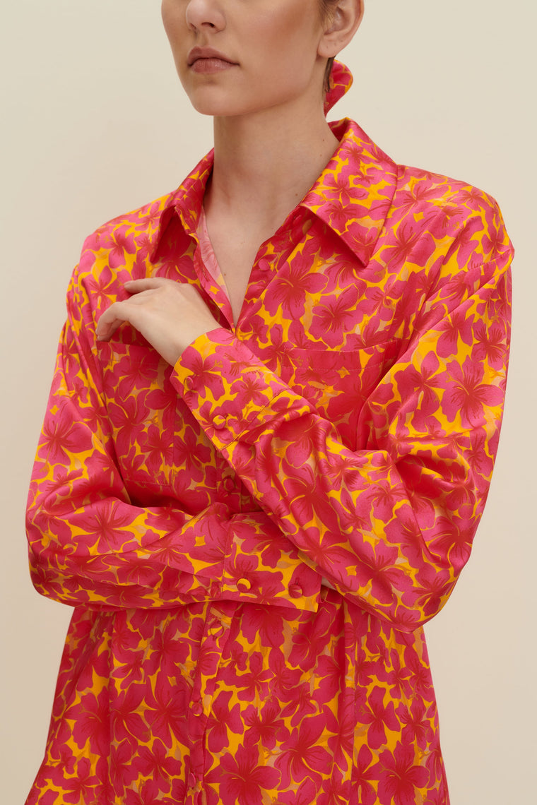 Oversized silk shirt in Hibiscus Print
