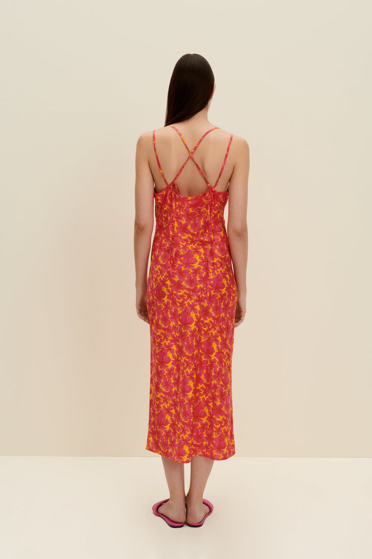 Silk-satin slip dress in Hibiscus Print