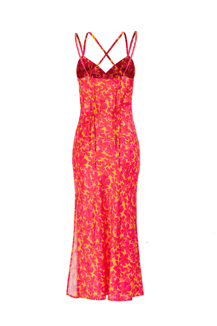 Silk-satin slip dress in Hibiscus Print