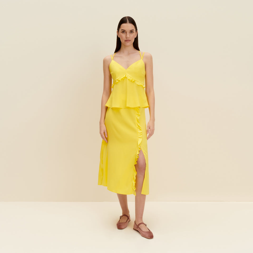 Ruffled silk midi skirt in Lemon Yellow