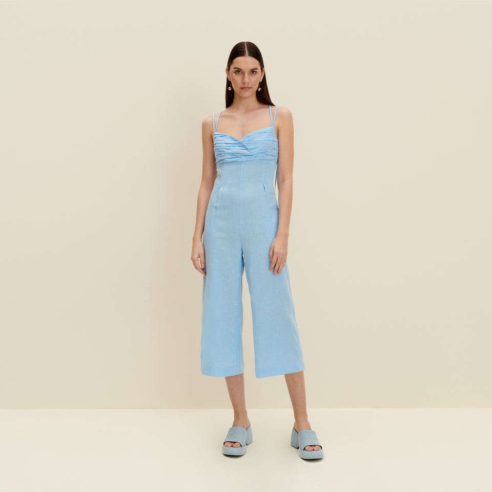 Linen-blend jumpsuit in Light Blue