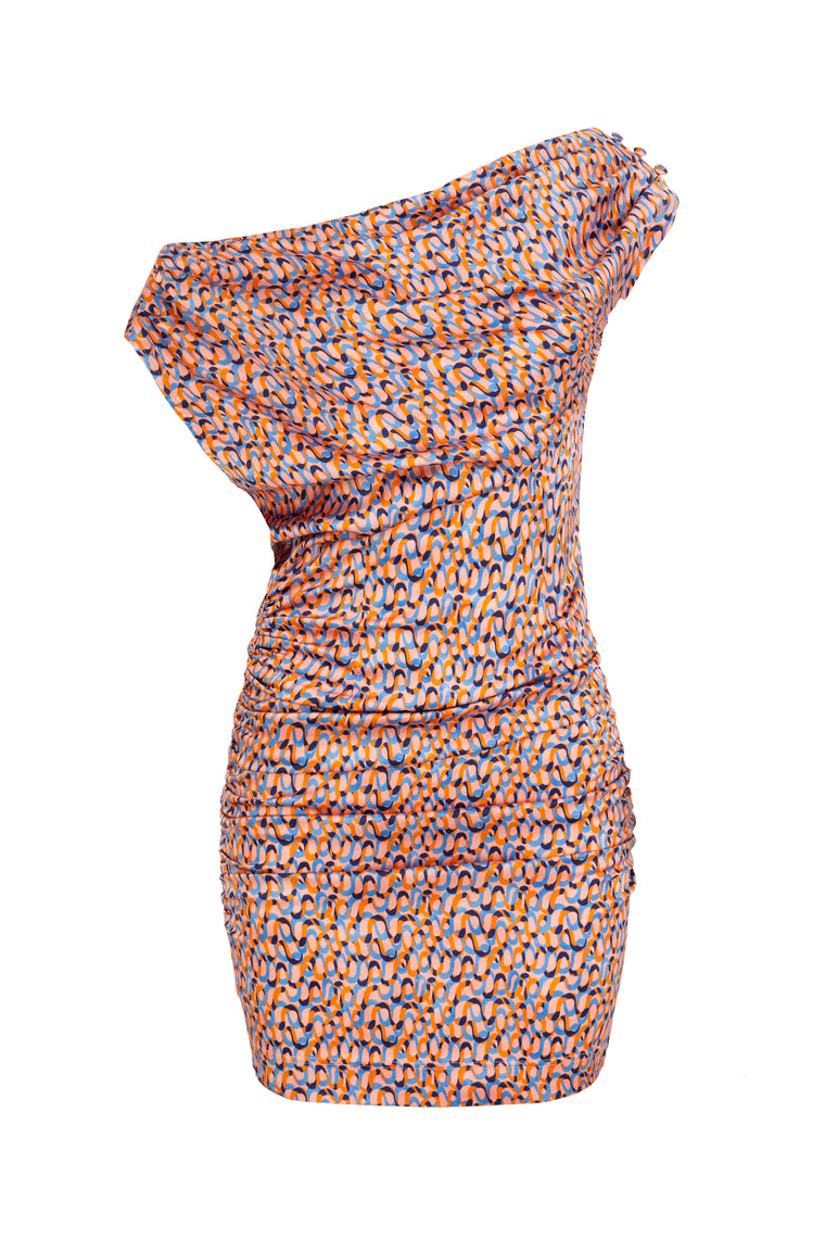 Off-shoulder draped dress in Groovy Print