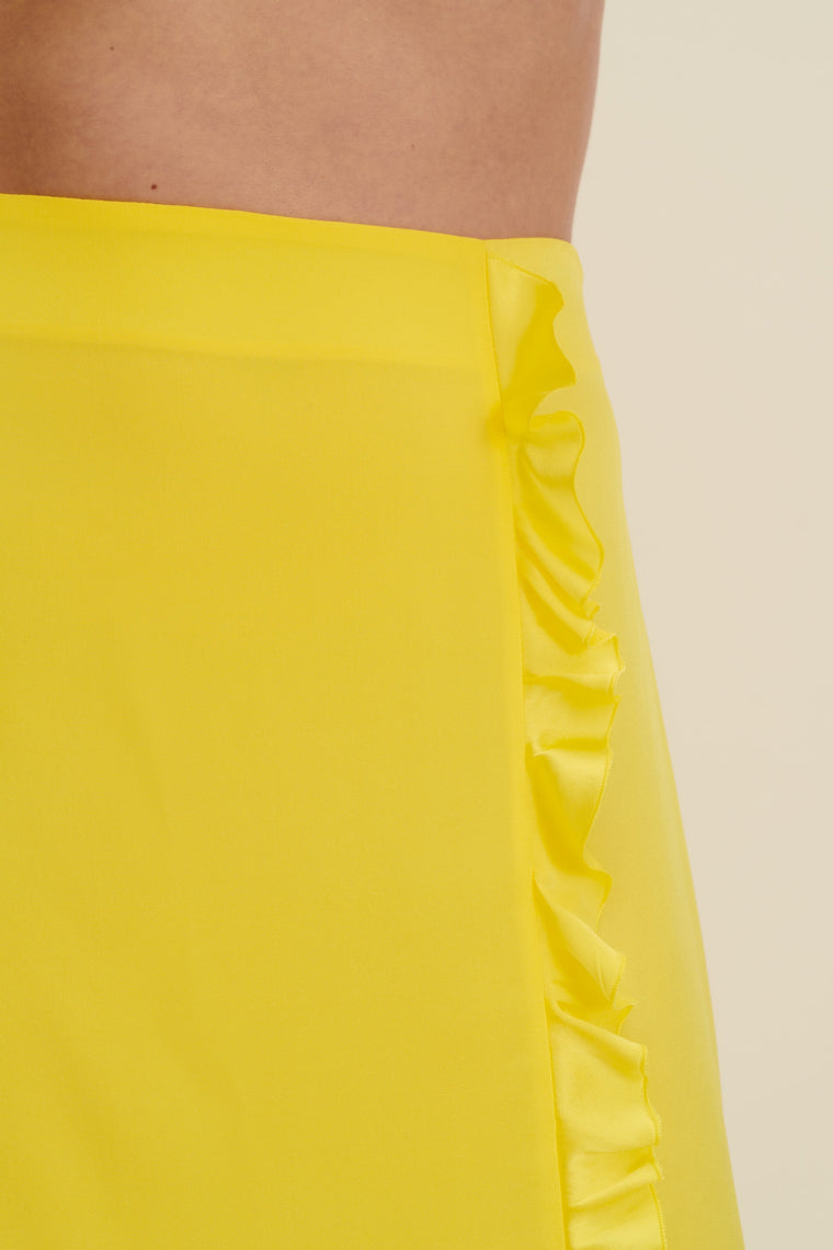 Ruffled silk midi skirt in Lemon Yellow