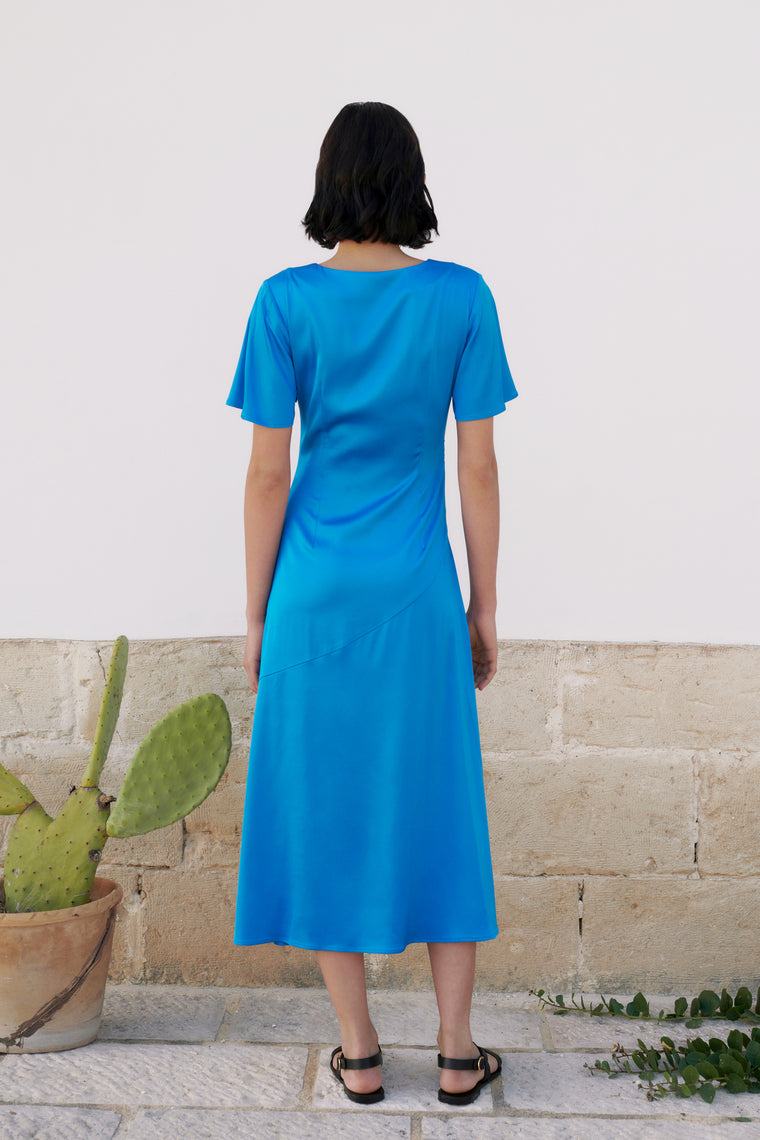 Chic midi blue dress with short sleeves and V-shaped neckline – JAAF