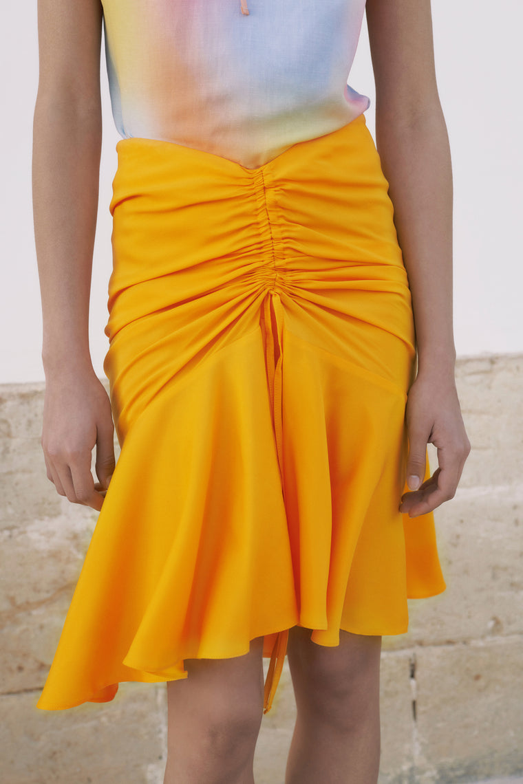 Ruched Silk Skirt in Tangerine orange