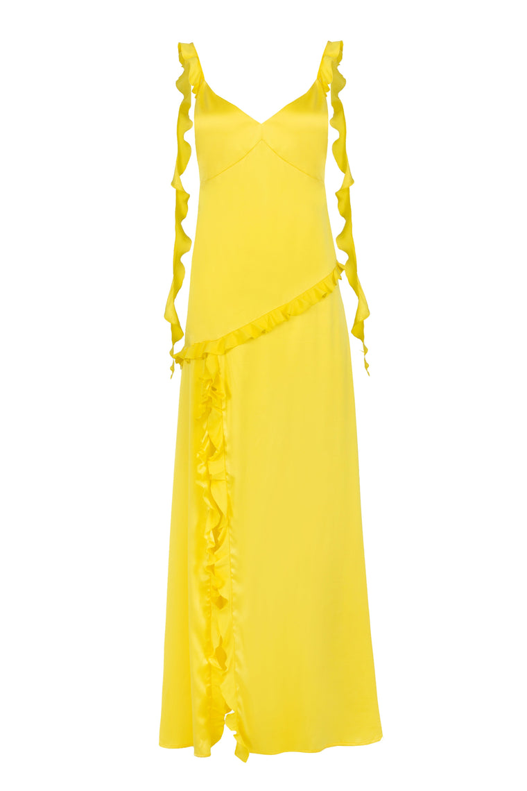 Ruffled silk maxi dress in Lemon Yellow – JAAF